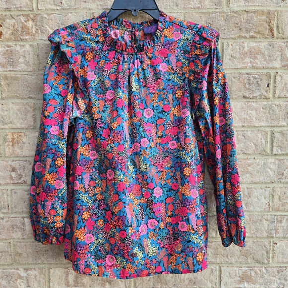 J. Crew Liberty Ciara Ruffleneck Flutter Sleeve Floral Top Pleated Pink Small - Picture 13 of 13